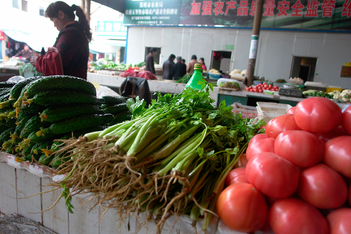 野菜市場の売り場に積まれたトマト、青菜、キュウリ
