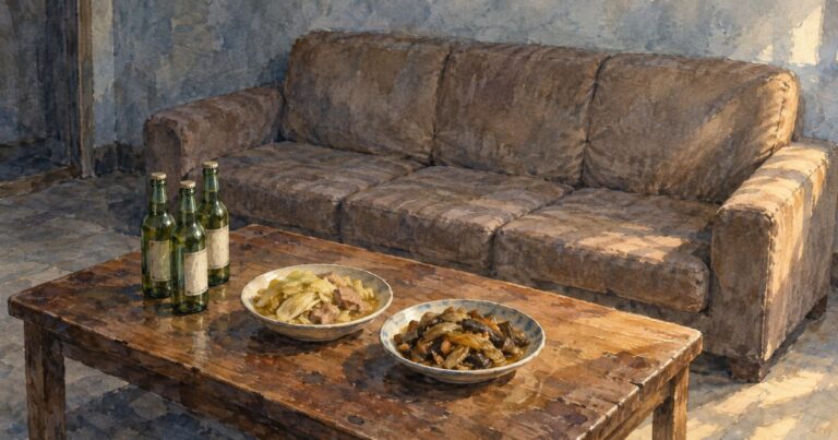 古いソファーの前の木のテーブルに、料理の皿二つとラベルのないビール瓶三本が置かれた、冬の午後の寮のリビングを描いた水彩画