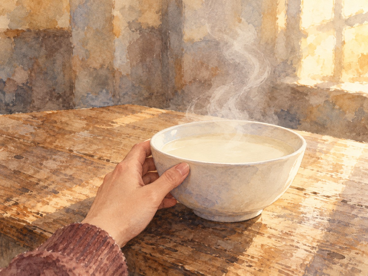 朝の光が差す食堂の木のテーブルで、湯気の立つ豆乳のお椀に手を添えている水彩画
