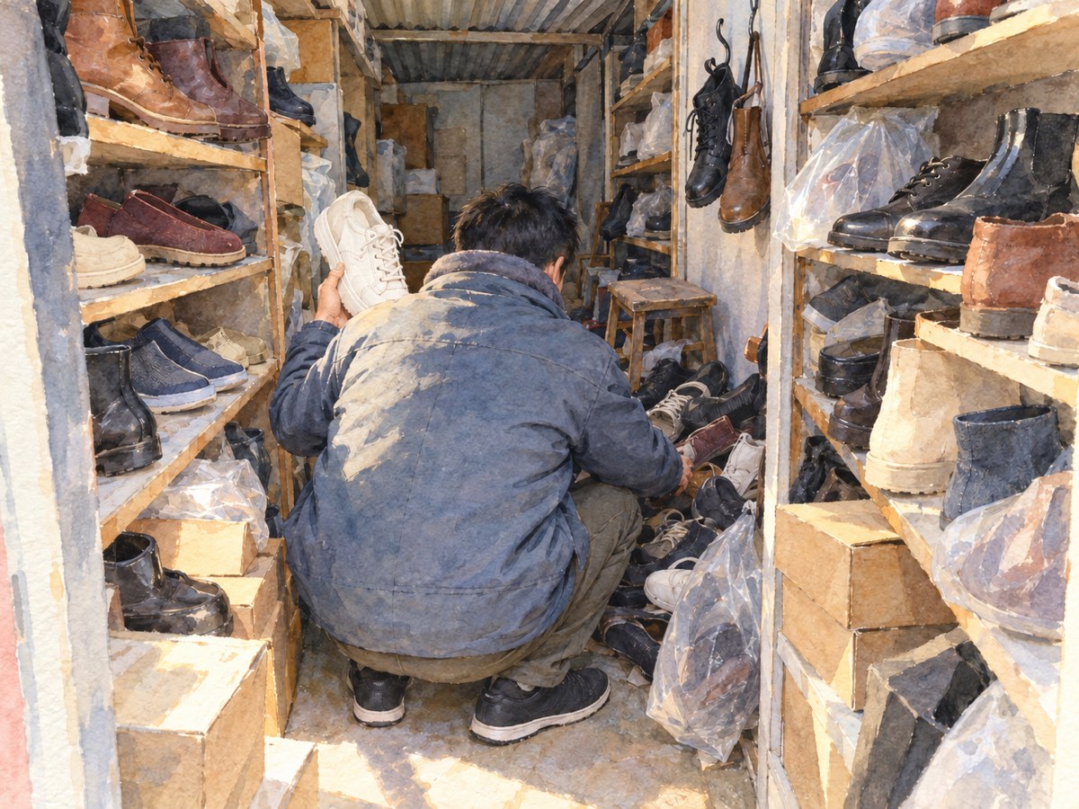 靴が棚と床にぎっしり積まれた狭いプレハブの靴屋で、しゃがみ込んで靴を探す人の後ろ姿を描いた水彩画